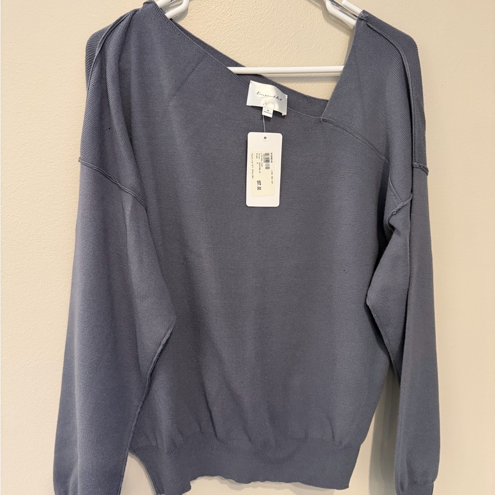 Line & Dot Heather Denim Blue Off-Shoulder Sweater